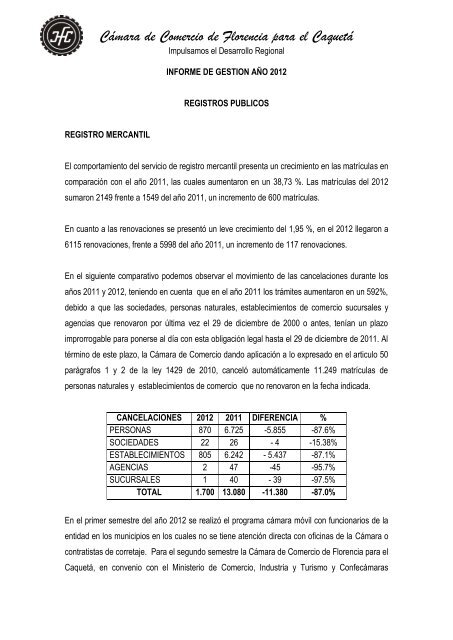 Informe de Gestión 2012.pdf - Cámara de Comercio de Florencia ...