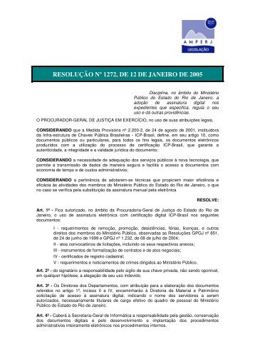 RESOLUÇÃO Nº 1272, DE 12 DE JANEIRO DE 2005 - Amperj