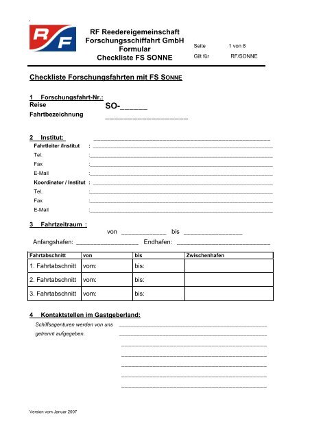 Checkliste FS SONNE - RF Forschungsschiffahrt GmbH