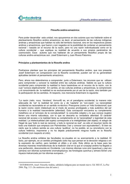 Filosofía occidental y filosofía andino-amazónica - Educabolivia