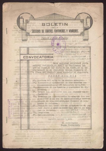 Boletín de la Sociedad de Obreros Fontaneros y Vidrieros