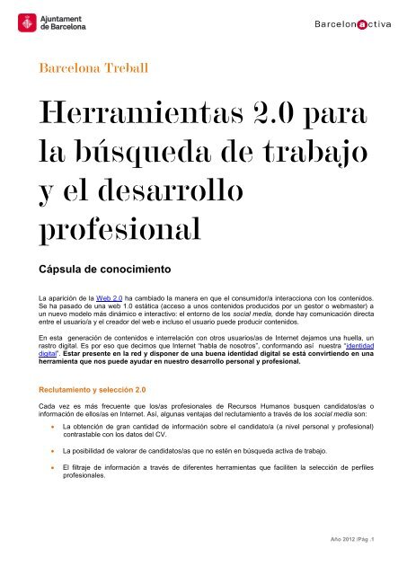 Herramientas 2.0 para la búsqueda de trabajo y ... - Barcelona Activa