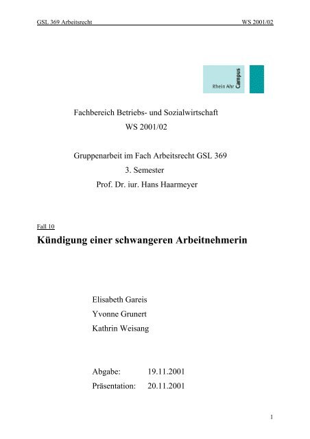 Kundigung Einer Schwangeren Arbeitnehmerin Rheinahrcampus