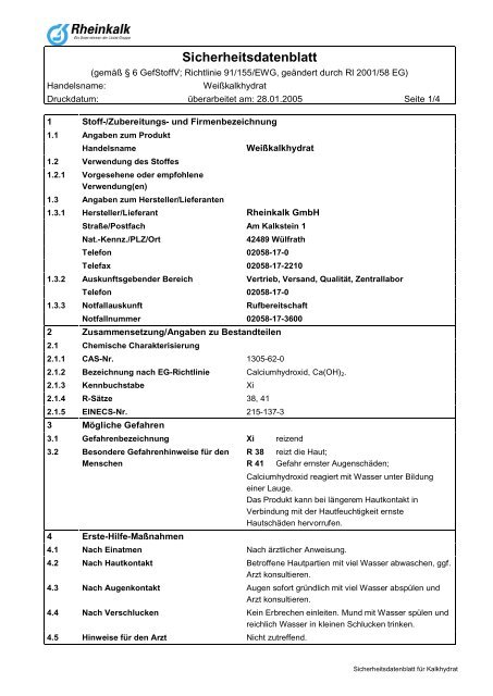 Sicherheitsdatenblatt - Rheinkalk