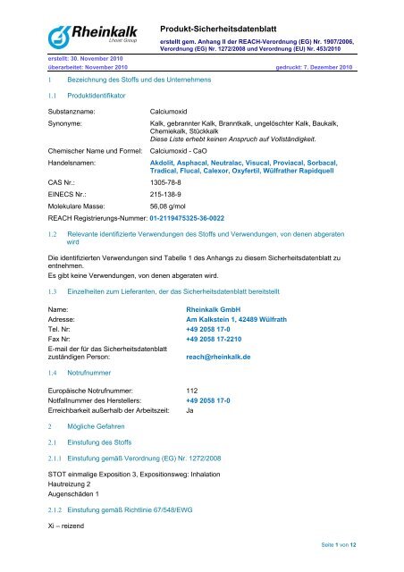 Sicherheitsdatenblatt Oxyfertil ® -Branntkalk - Rheinkalk KDI