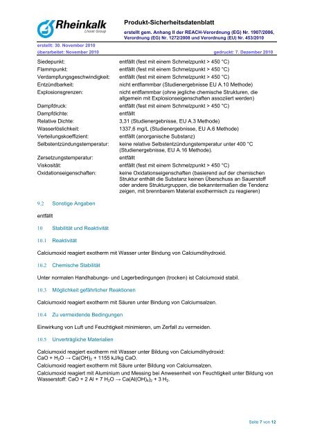 Sicherheitsdatenblatt Oxyfertil ® -Branntkalk - Rheinkalk KDI