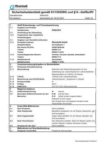 Sicherheitsdatenblatt gemäß 91/155/EWG und §14 ... - Rheinkalk