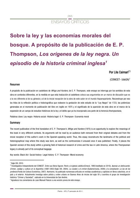 Lila Caimari, Sobre la ley y las economías morales ... - Historia Política