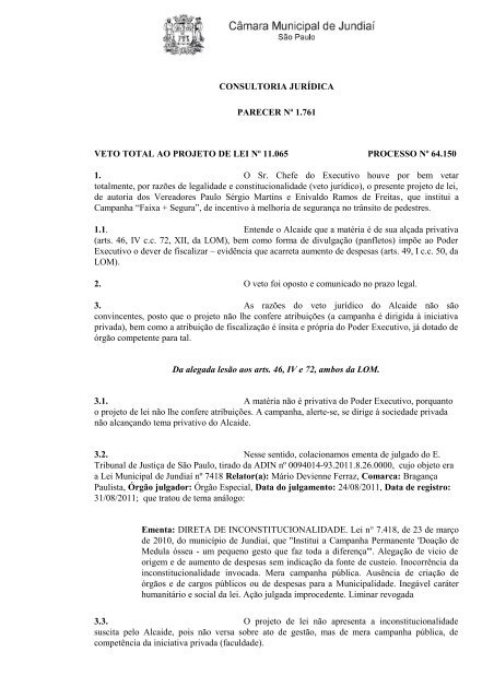 CONSULTORIA JURÍDICA PARECER Nº 1.761 VETO TOTAL AO ...