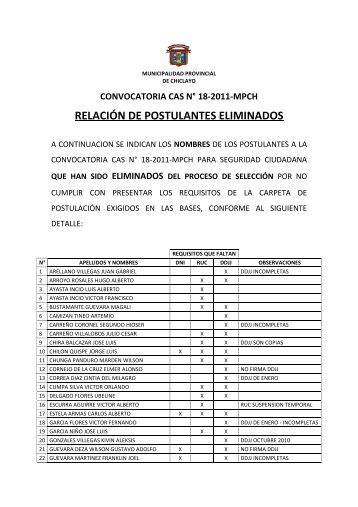 RELACIÓN DE POSTULANTES ELIMINADOS - Municipalidad ...