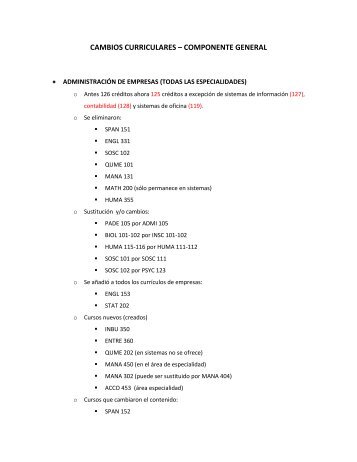 CAMBIOS CURRICULARES – COMPONENTE GENERAL