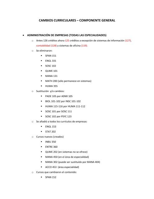 CAMBIOS CURRICULARES – COMPONENTE GENERAL