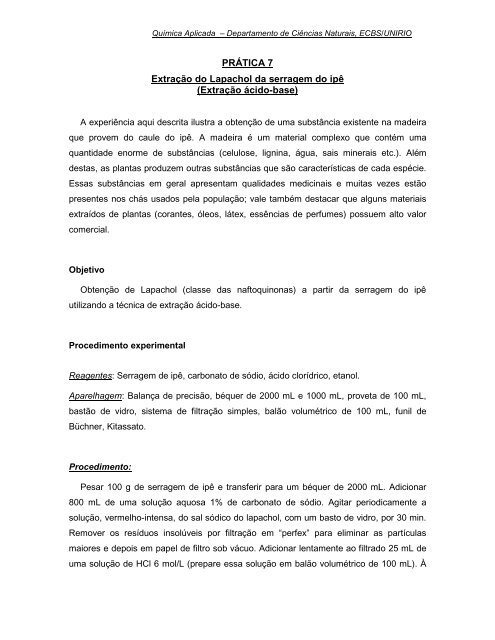 PRÁTICA 7 Extração do Lapachol da serragem do ipê ... - Unirio