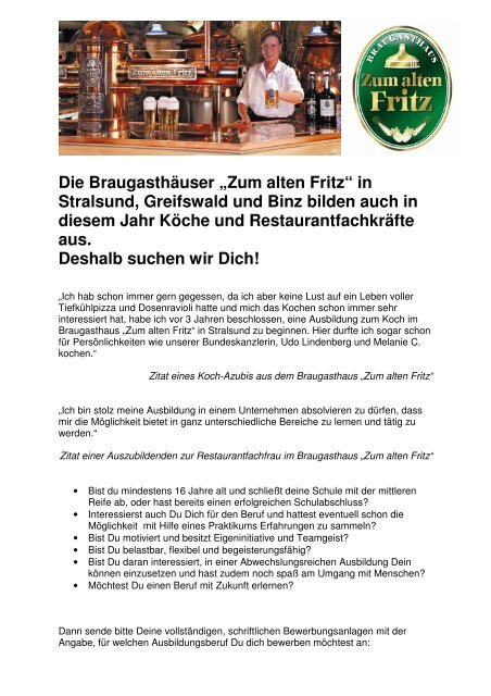 in Stralsund, Greifswald und Binz bilden auch in diesem Jahr Köche ...