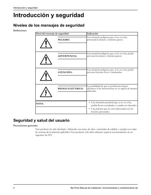 Manual de instalación, funcionamiento y mantenimiento de - Pure-Flo