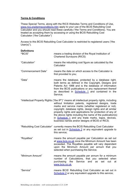 BCIS Rebuilding Cost Calculator terms and conditions - RICS
