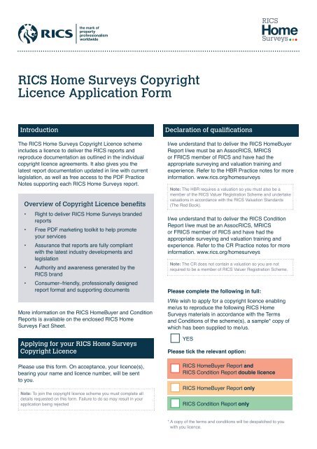Rics Home Surveys Copyright Licence Application Form