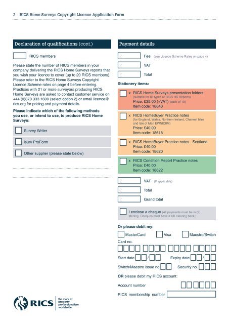 RICS Home Surveys Copyright Licence Application Form