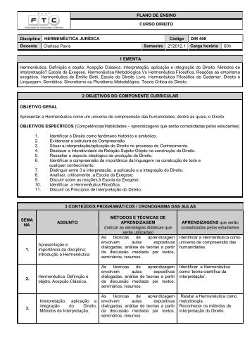 PLANO DE ENSINO CURSO DIREITO Disciplina HERMENÊUTICA ...