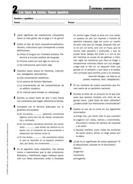 2. Los tipos de textos. Tomar apuntes - Colegiosagradocorazon.net