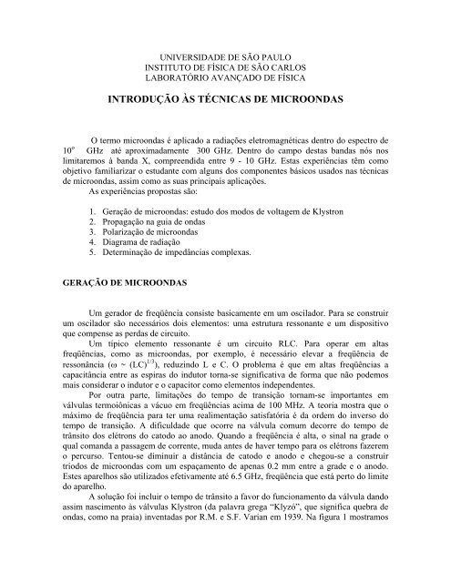 INTRODUÇÃO ÀS TÉCNICAS DE MICROONDAS - IFSC