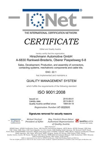 CERTIFICATE - Hirschmann Automotive Gmbh