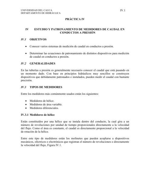 Medidores de Caudal en Flujo a Presión - Universidad del Cauca