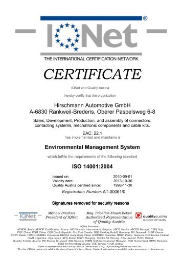 CERTIFICATE - Hirschmann Automotive Gmbh