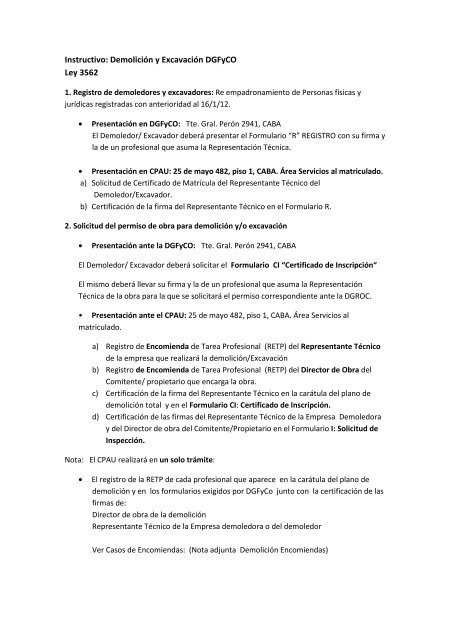 Instructivo: Demolición y Excavación DGFyCO Ley 3562 - CPAU