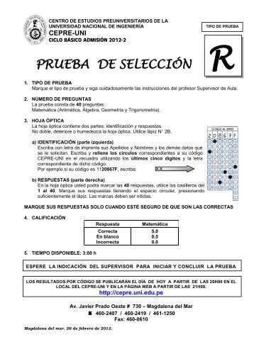 prueba de selección - Cepre-Uni - Universidad Nacional de Ingeniería