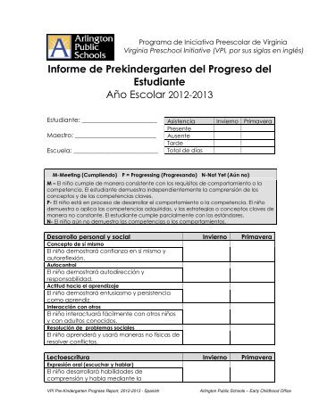 Informe de Prekindergarten del Progreso del Estudiante Año ...