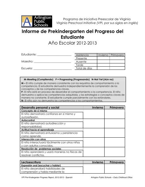 Informe de Prekindergarten del Progreso del Estudiante Año ...
