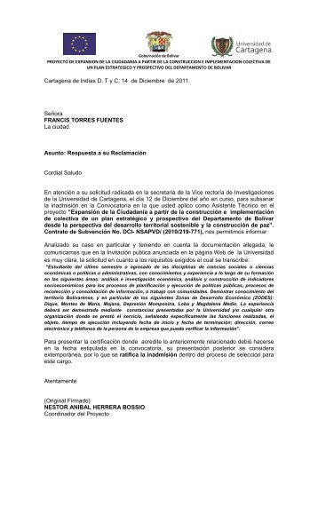 Respuesta a Reclamación de no admitidos - Universidad de ...