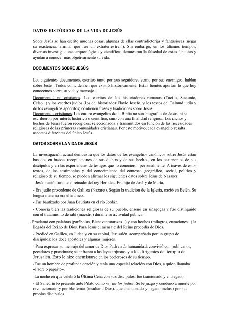 DOCUMENTOS SOBRE JESÚS DATOS SOBRE LA VIDA DE ...