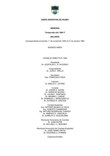 UNIÓN ARGENTINA DE RUGBY MEMORIA Temporada año 1964 Y ...