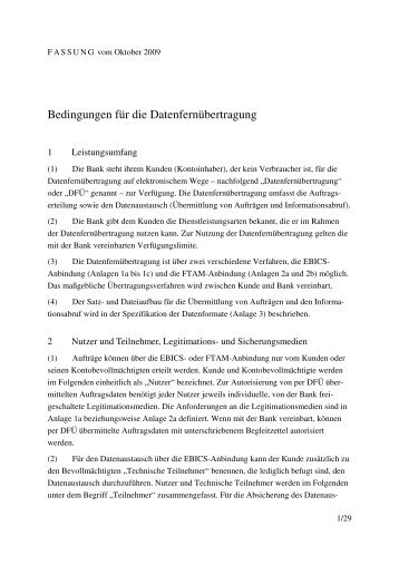 Bedingungen für die Datenfernübertragung über FTAM bzw. EBICS