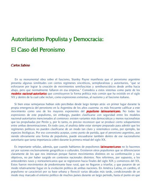 Autoritarismo Populista y Democracia: El Caso del Peronismo