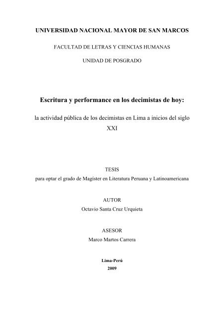 Escritura Y Performance En Los Decimistas De Hoy Cajamarca