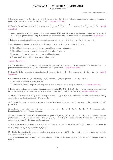 Ejercicios GEOMETRIA I, 2012-2013 - Geometría