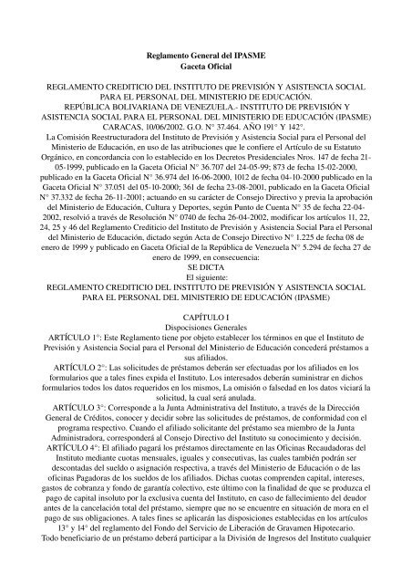 Reglamento General del IPASME Gaceta Oficial REGLAMENTO ...
