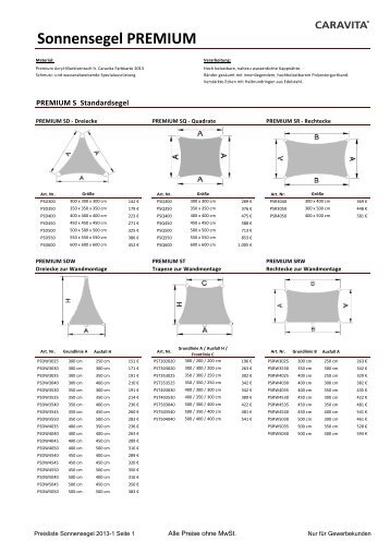 CARAVITA - Sonnensegel - PREISLISTE - PDF-Datei