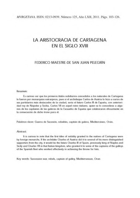 LA ARISTOCRACIA DE CARTAGENA EN EL SIGLO XVIII