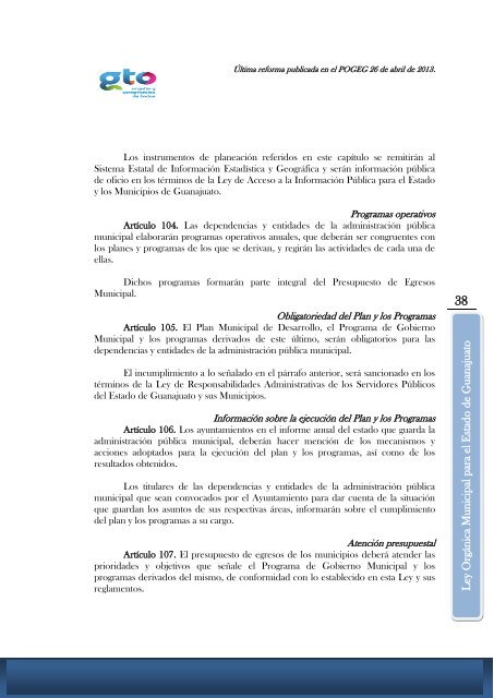 LEY ORGÁNICA MUNICIPAL PARA EL ESTADO DE GUANAJUATO