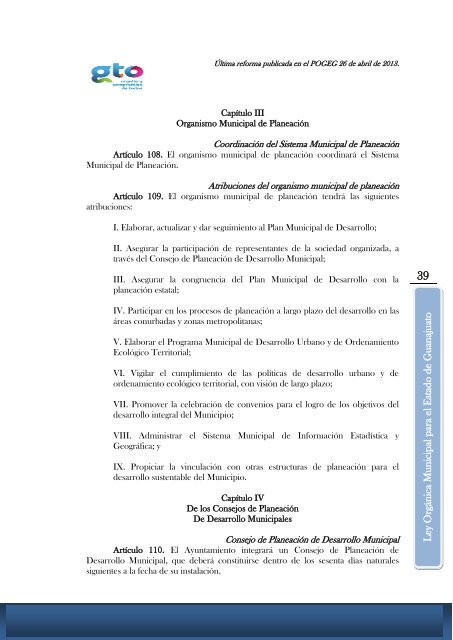 LEY ORGÁNICA MUNICIPAL PARA EL ESTADO DE GUANAJUATO