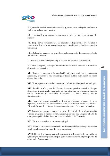 LEY ORGÁNICA MUNICIPAL PARA EL ESTADO DE GUANAJUATO