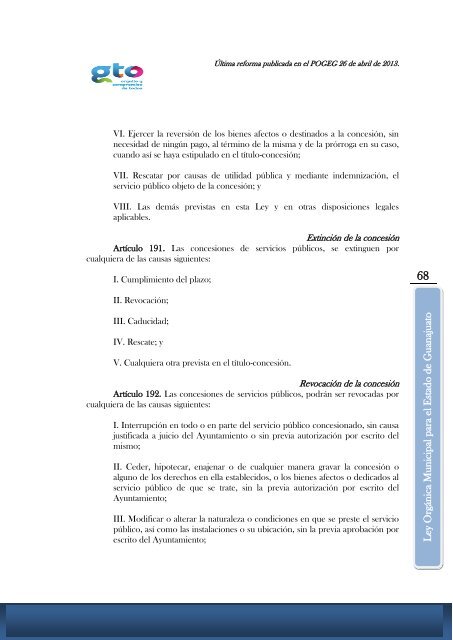 LEY ORGÁNICA MUNICIPAL PARA EL ESTADO DE GUANAJUATO