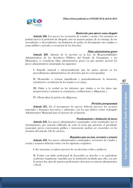 LEY ORGÁNICA MUNICIPAL PARA EL ESTADO DE GUANAJUATO