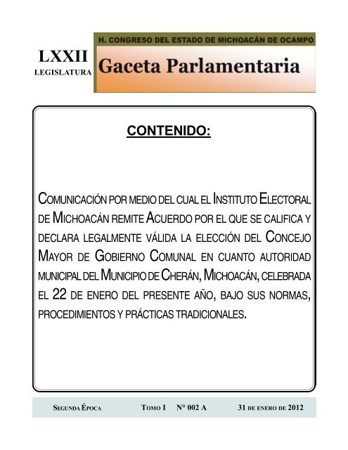 CONTENIDO: - Congreso del Estado de Michoacán