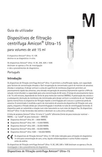 Dispositivos de filtração centrífuga Amicon® Ultra-15 - Millipore