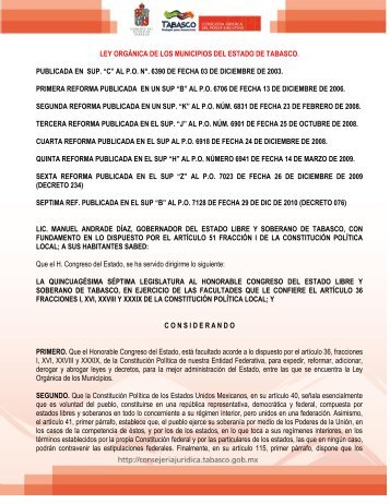 Ley Organica de los Municipios del Estado de Tabasco